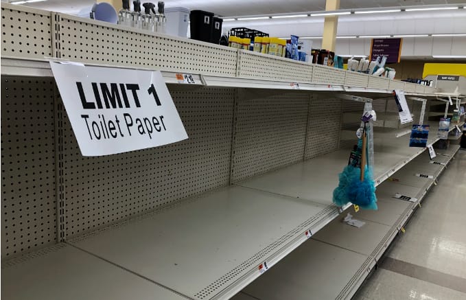 Empty toilet paper shelves