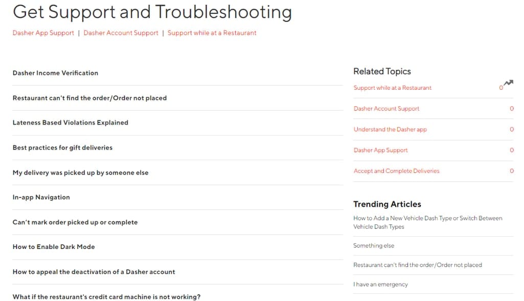 DoorDash Troubleshooting section