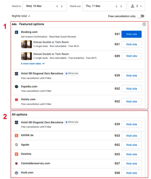 search results in google hotel ads