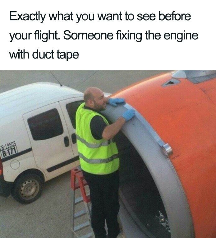 airman fixing plane engine with duct tape