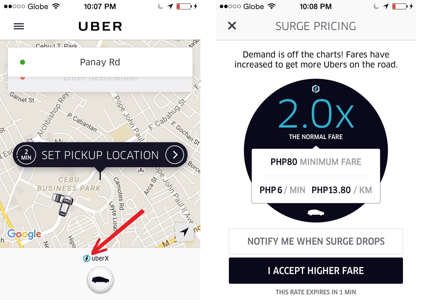 Surge pricing notification in the app