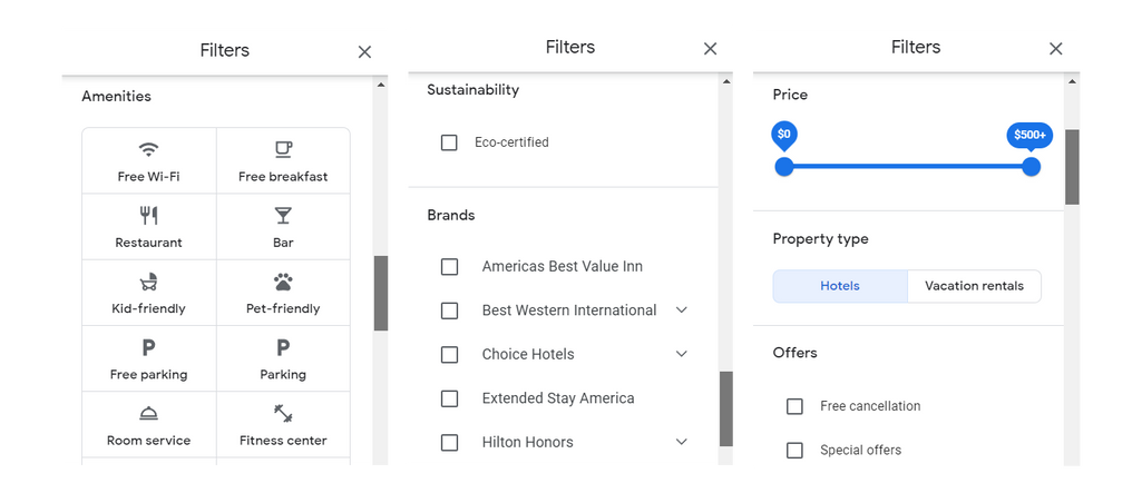 Examples of search filters on Google Hotels. Source: Google Hotels