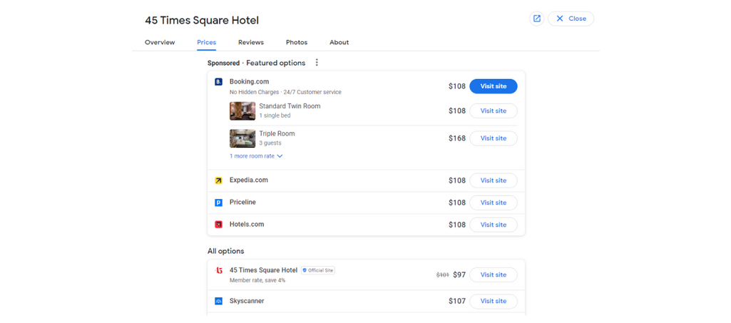 A list of prices for the selected room with hotel ads separated. Source: Google Hotels