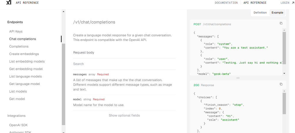 Ghat completions example in xAI Console