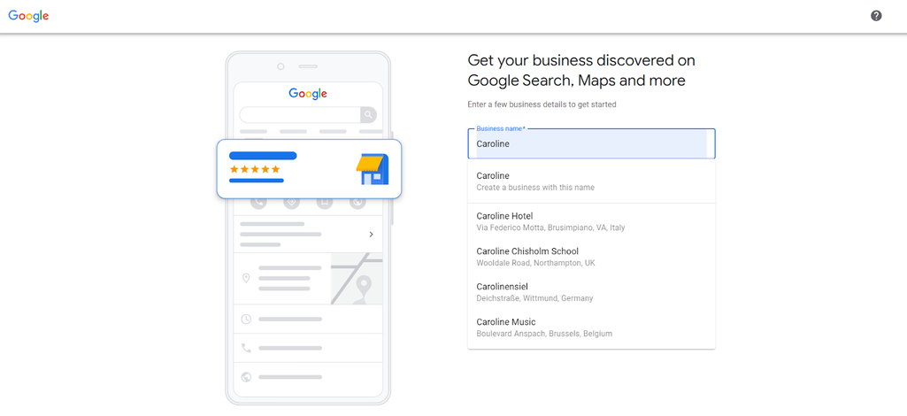 A drop-down menu offering to create a new business or to choose from existing ones. Source: Google Business