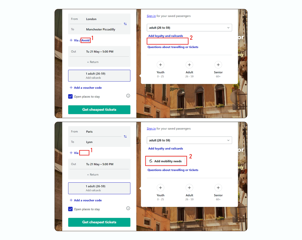 The differences in booking options between the UK and France. Source: Trainline