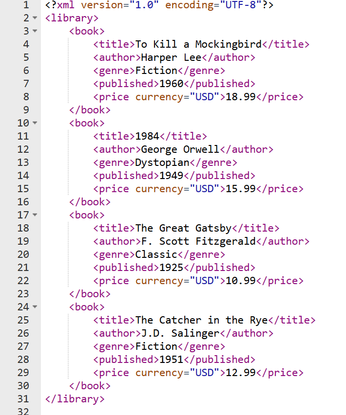 Semi-structured data example: XML data representing a collection of books