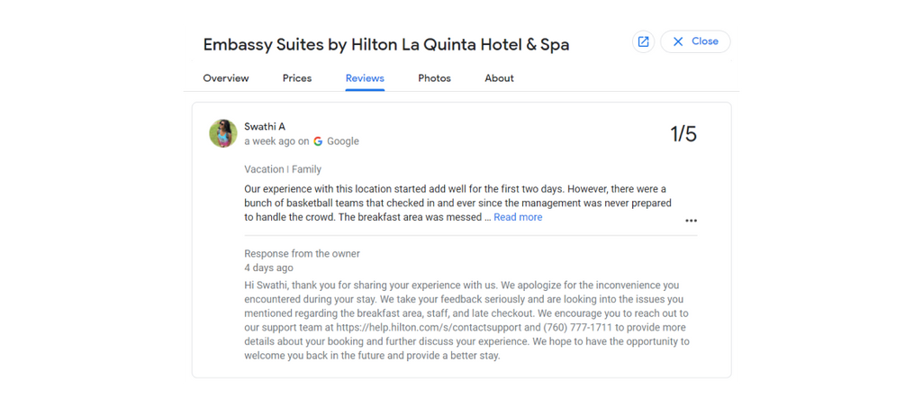 An example of a hotel responding to a negative review. Source: Google Hotels