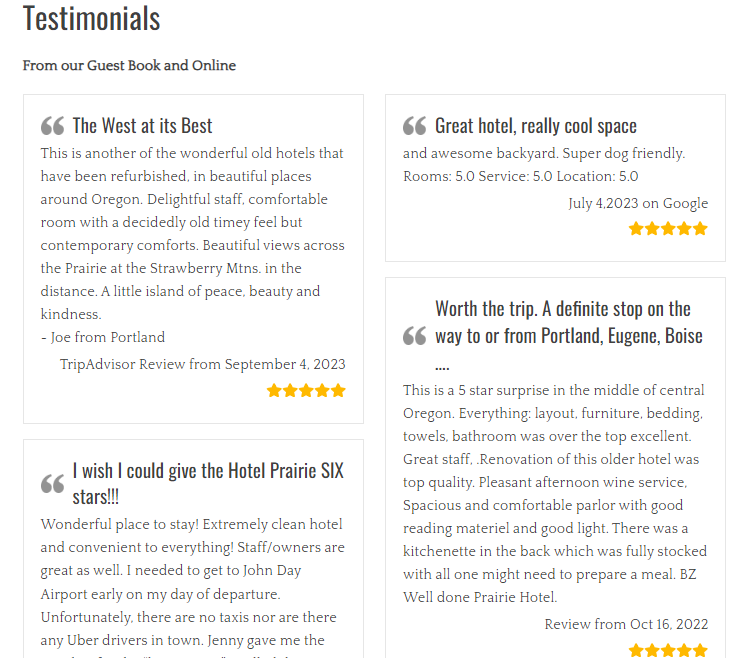 Testimonials page of Hotel Prairie