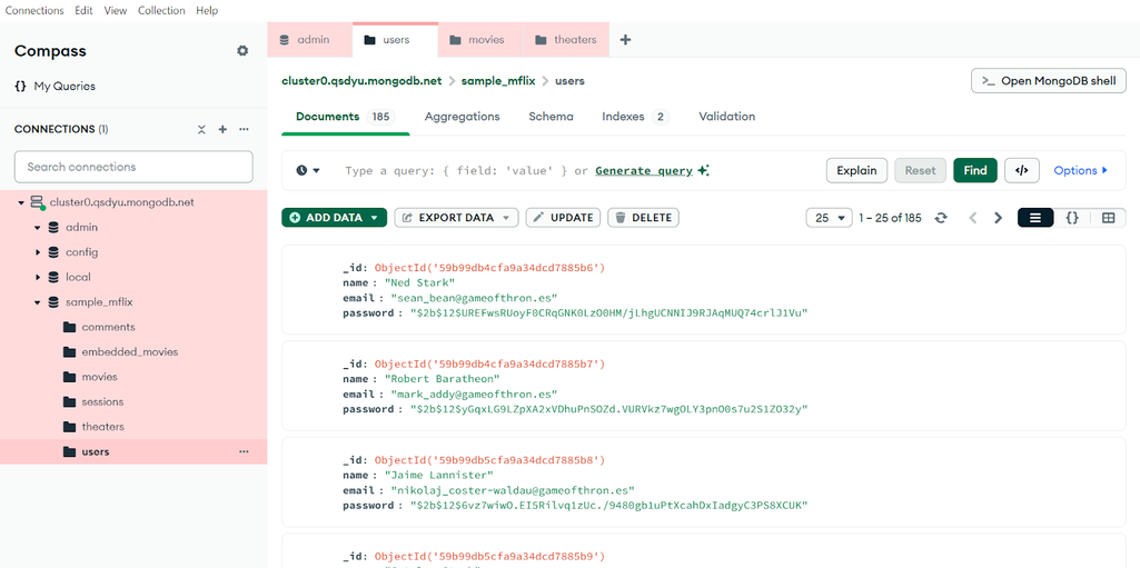 Database records via the MongoDB Compass GUI