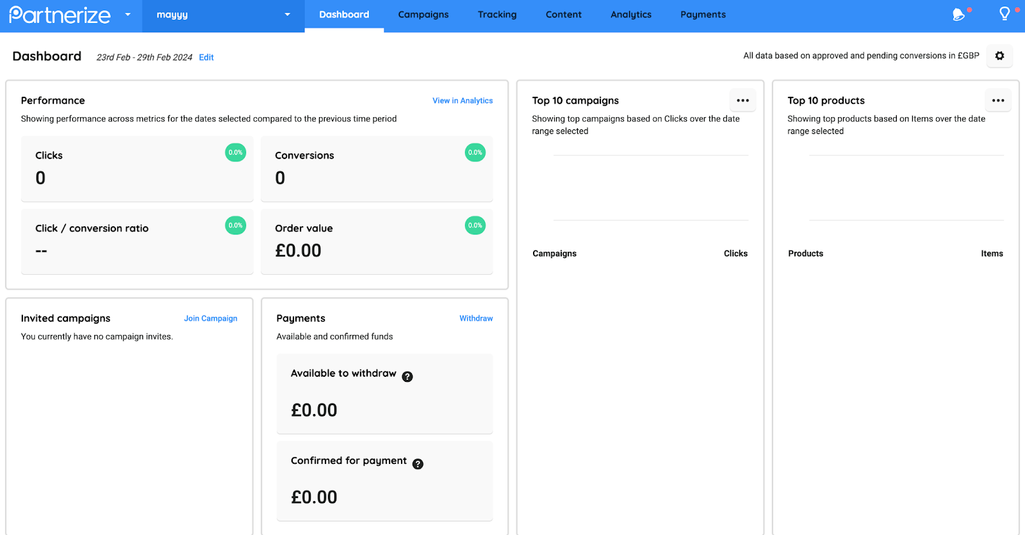 A dashboard view of the Etihad Affiliate Program using Partnerize software