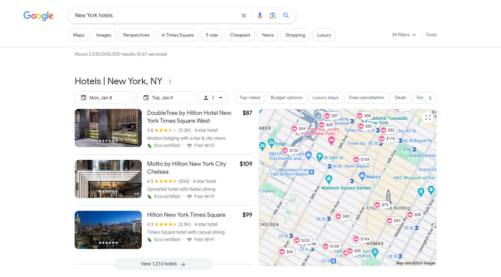 Google Hotels' listings show up first in Google Search results. Source: Google Search