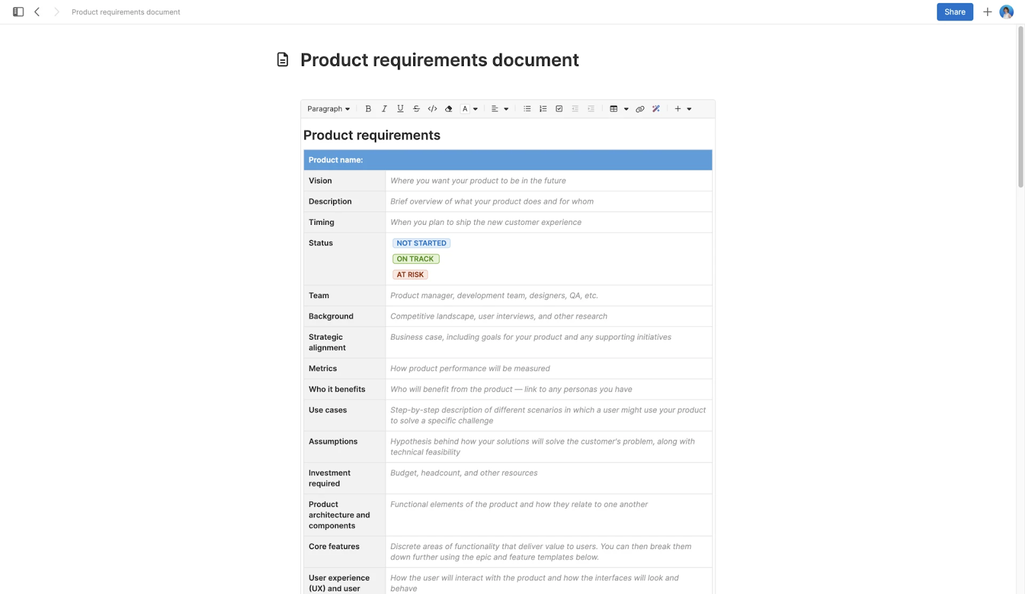 Aha! template uses a table format and fits a lot of info on one page. Source: Aha!
