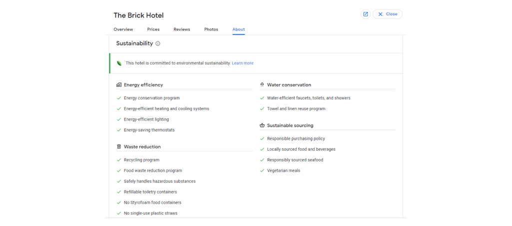 A list of The Brick Hotel’s sustainability practices. Source: Google Hotels