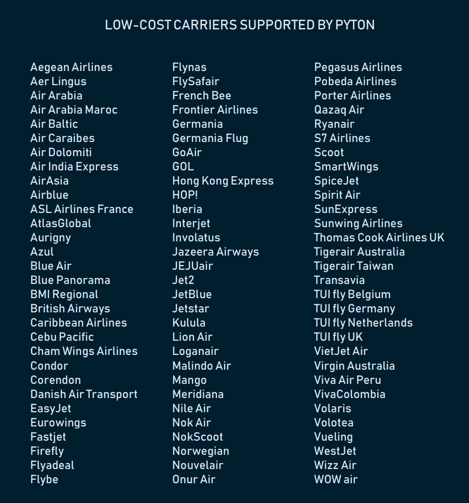 list of low-cost carriers supported by Pyton platform