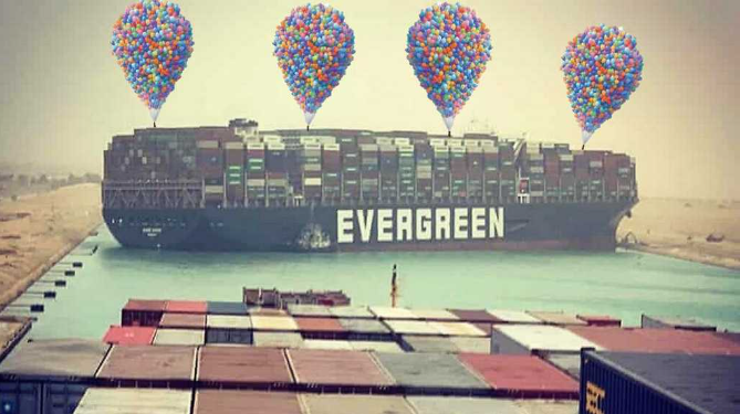 evergreen cargo ship on balloons